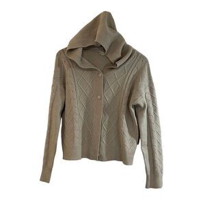 Hem & Thread Women's Hooded Cardigan‎ Sweater Knit Ribbed Button Down Tan Small
